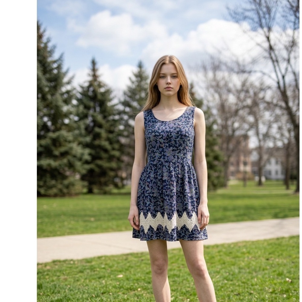 Doe & Rae Blue Paisley Floral Sleeveless‎ Dress with Crochet Lace Hem Size Large